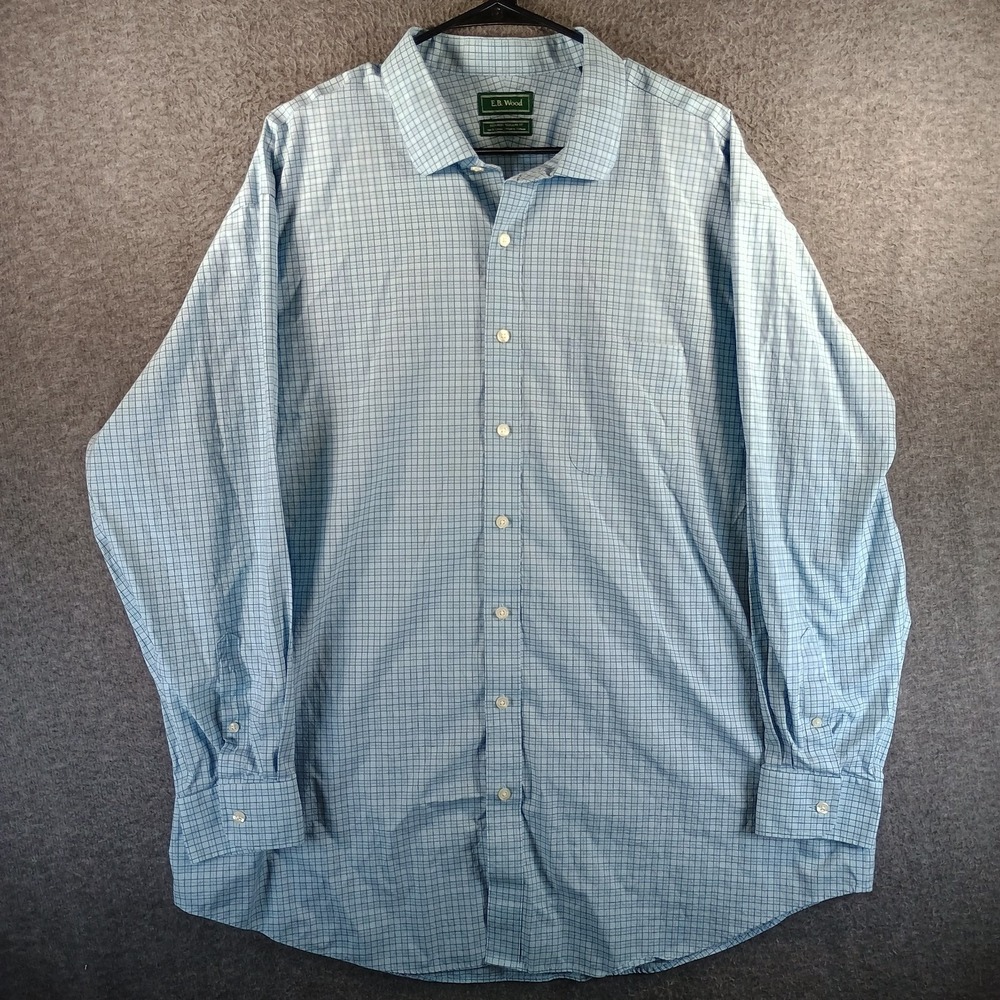 EB Wood Dress Shirt Men 18.5/34-35 Button Up Blue Pocket‎ Non-Iron Checkered